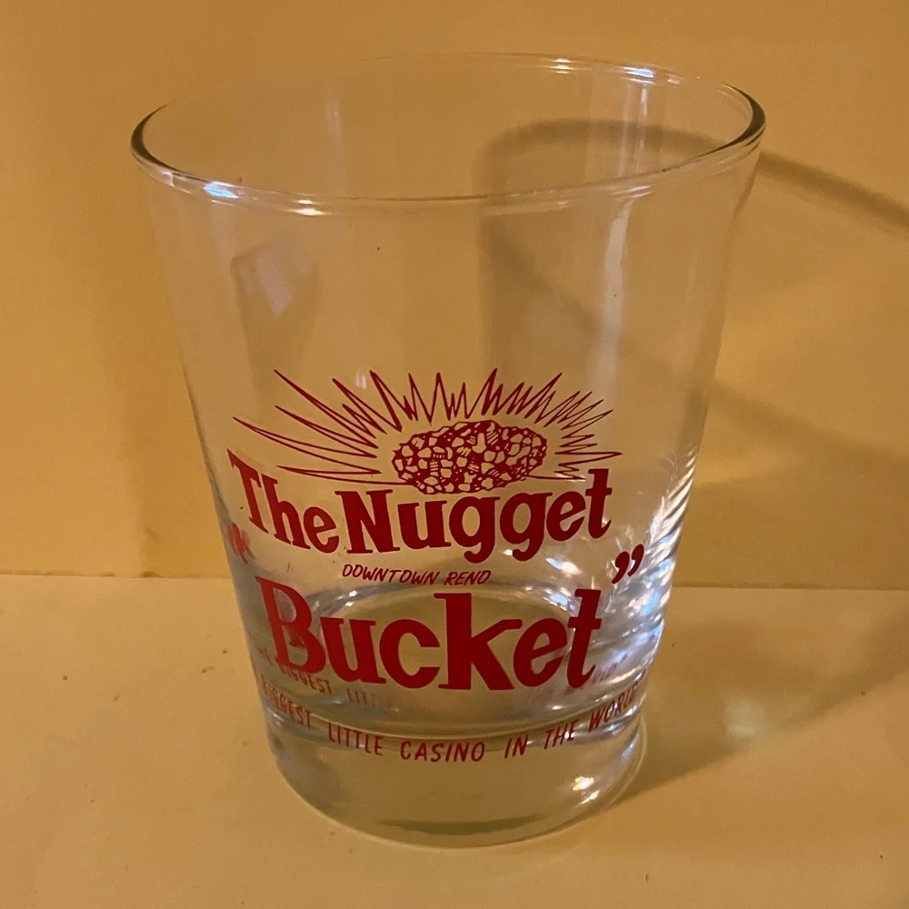 2 Vintage The Nugget Bucket Reno Casino Cocktail Bar Glasses Red Lettering 4.5”